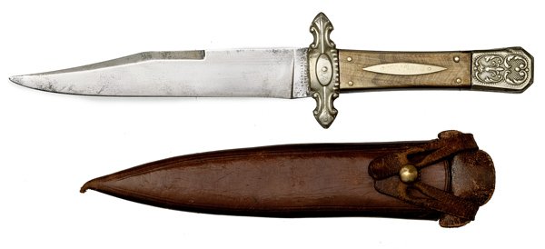 English Bowie Knife by J. Nowill : English Bowie Knife by J. Nowill 6" clipped-point blade marked on ricasso J. Nowill & Son Sheffield. Horn handle with German silver escutcheon. German silver chased guard and German silver coffin-sh