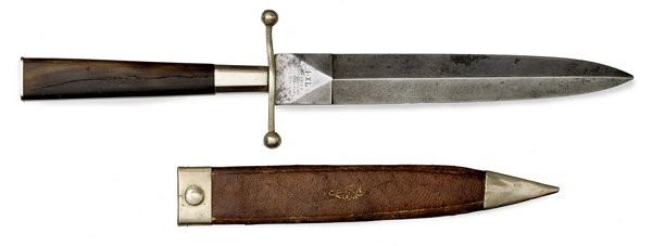 English Bowie Knife by IXL : English Bowie Knife by IXL 7" spear point blade with double edge. Marked on the flat near the ricasso IXL George Wostenholms, celebrated cutlery. Horn handle with German silver crossguard. German si