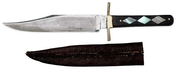English Bowie Knife : English Bowie Knife 7" clipped-point blade, with etched side panel Protector Personal. German silver crossguard with horn grips and three diamond-shaped mother of pearl inlays. Leather sheath.