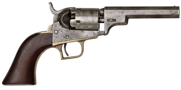 Composite Colt Model 1848 "Baby Dragoon" Belonging: Composite Colt Model 1848 "Baby Dragoon" Belonging to Gold Mine Owner Henry Wickenburg with Docs .31 cal., 4" octagonal barrel, S/N 5102. Cylinder with stagecoach scene and rectangular cylinder slot