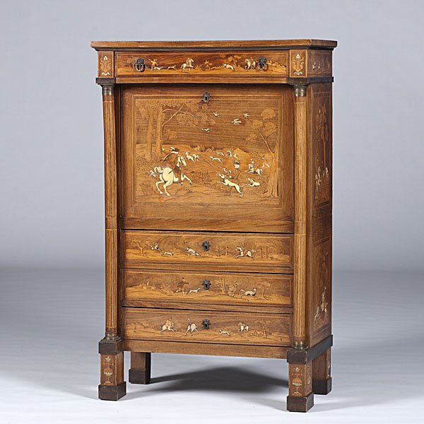 Biedermeier-style Secretaire à Abattant: Biedermeier-style Secretaire à Abattant Probably German. A Biedermeier-style secretaire à abattant inlaid with ivory, horn, and various metals; the rectangular top with molded edge above a long frie