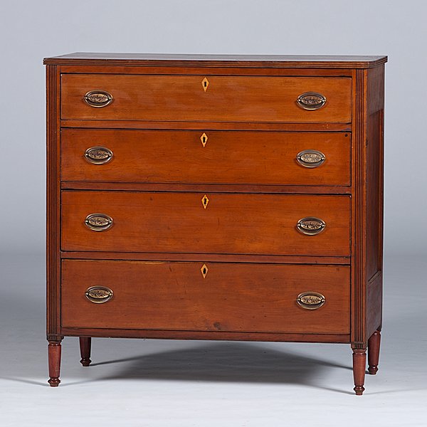 Federal Walnut Chest of Drawers: Federal Walnut Chest of Drawers American, early 19th century. A Federal walnut chest of drawers, four graduated drawers with inlaid diamond escutcheons, oval brasses, reeded stiles, paneled sides, all