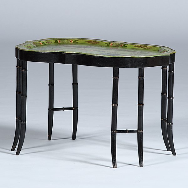 Chinese Chinoiserie Tole Tray-Top Table: Chinese Chinoiserie Tole Tray-Top Table Chinese, early 19th century, made for the English market. A cartouche-shaped tray with yellow green ground painted with sportive boys in a landscape, on shaped