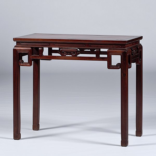 Chinese Altar Table: Chinese Altar Table Chinese, 20th century. Of pinned construction, carved table of hardwood with a rectangular top raised on square legs; ht. 33.25, wd. 38.75, dp. 19.25 in. Provenance: Property of Ci