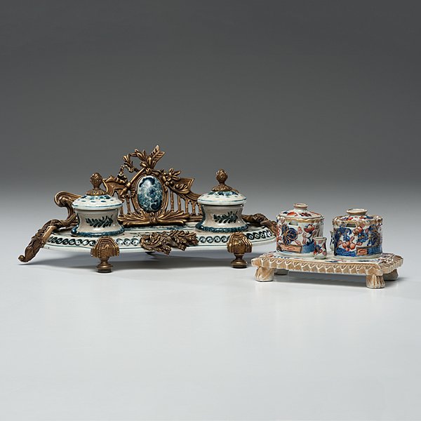 Ironstone Inkwells: Ironstone Inkwells English, 19th century. Two ironstone and polychrome inkwells, including one Mason inkwell with a sander, inkwell, and pen wipe, having impressed Mason's Patent Ironstone China on bo