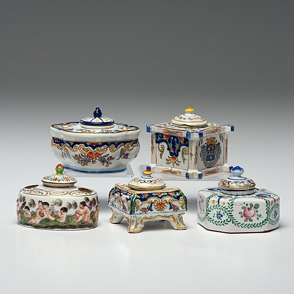 French Faience Inkwells: French Faience Inkwells French and Italian. Five hand-painted faience inkwells, including a square Desvres inkwell on four feet, unmarked, an oval Rouen inkwell, marked Rouen, an octagonal inkwell, ma