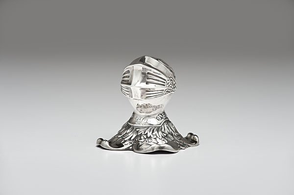 Helmet Form Sterling Inkwell: Helmet Form Sterling Inkwell American. A sterling silver inkwell depicting a medieval knight's military helmet, having an engraved ''L'' and ''D'' on collar, unidentified maker's mark and marked Sterl