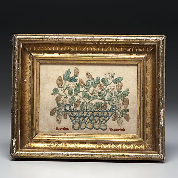 Needlework Sampler: Needlework Sampler English or American, early 19th century. A needleworked basket of strawberries on a linen ground with name, "Lydia Derrick" sewn along the bottom; 6 x 8.25 in.