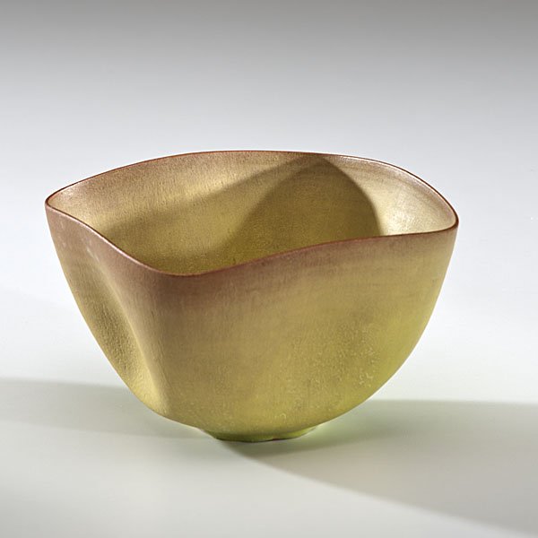 Gertrud and Otto Natzler (Austria): Gertrud and Otto Natzler (1908-1971, 1908-2007, Austria) Yellow-Tinge Folded Bowl ca 1956 Earthenware; 5.25 in. sq., ht. 3.25 in. Provenance:Francis Taylor Gallery, Beverly Hills Hotel, 1956.