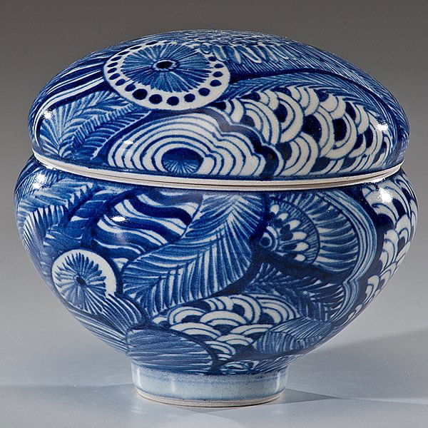 Ralph Bacerra (1938-2008, USA) : Ralph Bacerra (1938-2008, USA) Untitled Blue and White Covered Vessel ca 1980 Porcelain; ht. 6, dia. 6 in.