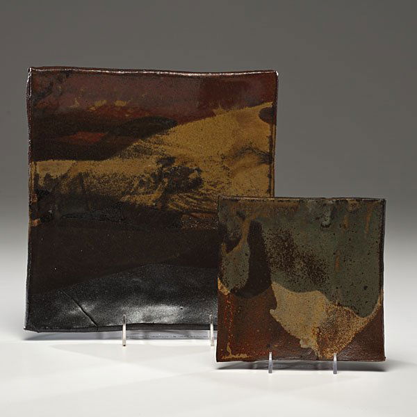 Toshiko Takaezu (1922-2011; USA) : Toshiko Takaezu (1922-2011; USA) Pair of Square Landscape Plates ca 1975 Stoneware; larger plate 10 in. square, smaller plate 6 in. square