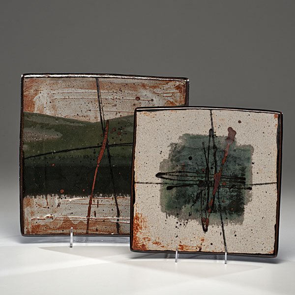 Albert Green (1914-1994; USA) : Albert Green (1914-1994; USA) Pair of Square Platters ca 1986-94 Stoneware; 13 in. square and 11 in. square Provenance:Dorothy Miner Collection
