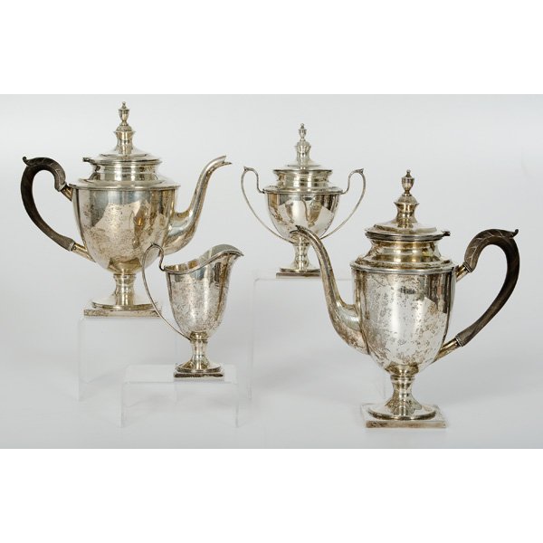 Georg Jensen Sterling Tea Set : Georg Jensen Sterling Tea Set American, a four piece tea service, including two teapots, a creamer and sugar, all marked George Jensen / US. Teapot ht. 11 in, total silver weight;, 69.41ozt (2334.50