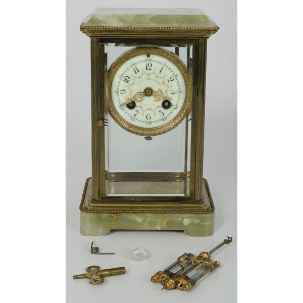 Herschede Clock : Herschede Clock Cincinnati, OH, ca 1900-20, a carriage clock 8-day time and strike, spring-driven, with a painted porcelain face marked Frank Herschede / Cincinnati, bezel and mercury pendulum, marb