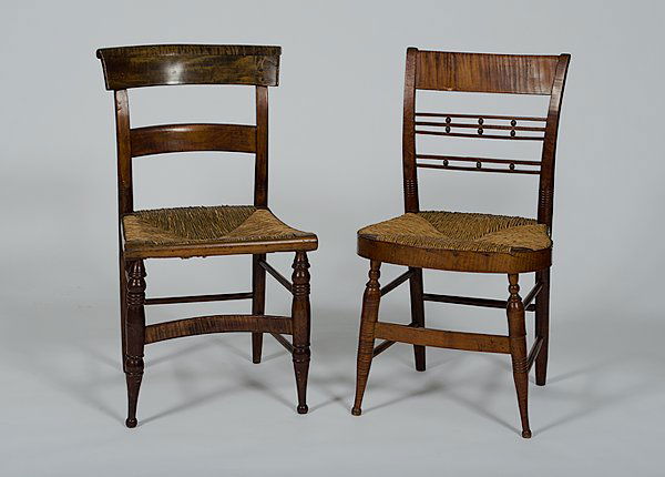 Curly Maple Side Chairs : Curly Maple Side Chairs American, 19th century, two curly maple side chairs including one fancy chair and one chair with a curved crest; ht. 33.25 in.