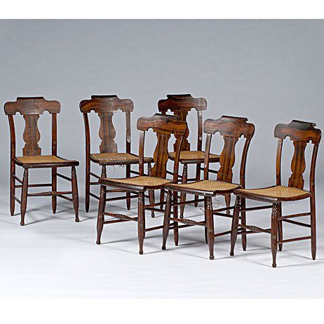 Rosewood Grained Chairs : Rosewood Grained Chairs American, mid-19th century, six rosewood grained side chairs each having a scrolled crest rail, vasiform splat turned front legs, and caned seats; ht. 34.25, seat ht. 17.25 i
