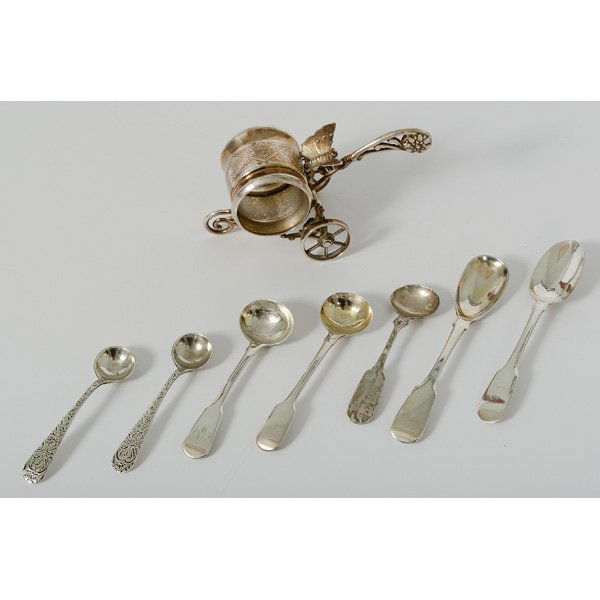Group of Silver Plated Items, Plus : Group of Silver Plated Items, Plus 20th century, an assembled group of silver plated items including a silver plated buggy-style napkin ring holder, unmarked, ht. 2.75, wd. 5 in. PLUS group of two�