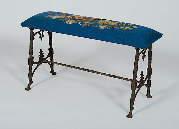 Wrought Iron Bench : Wrought Iron Bench early 20th century, a wrought iron bench with needlepoint seat; ht. 21, wd. 36.5, dp. 13 in.