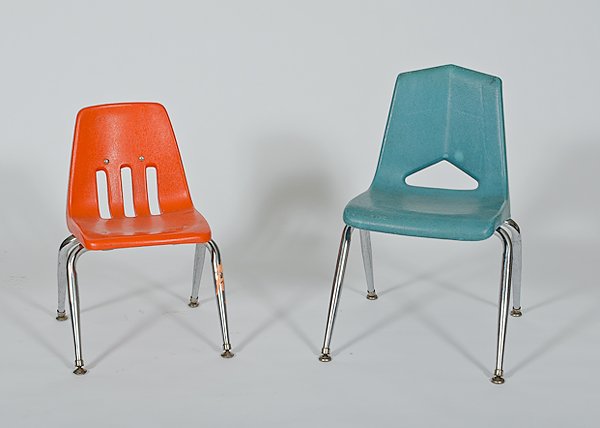 Children's Chairs : Children's Chairs 20th century, two children's Eames-style chairs in orange and blue, one marked Royal Seating Corporation / Cameron, Texas and the other marked Birco / Los Angeles; tallest ht. 24 i