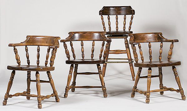 Captain's Chairs : Captain's Chairs American, 20th century, three Captain's chairs, each with a shaped seat and turned spindles, marked Ethan Allen, plus one bar stool; bar stool ht. 39.5 in.