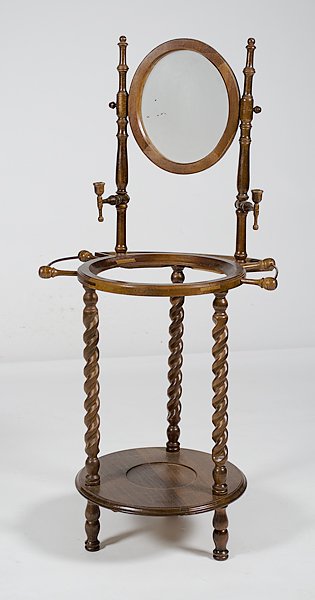 Wash Stand : Wash Stand American, early 20th century, a wash stand, the back with tilting mirror with candle holders mounted above a circular basin holder flanked by towel racks and raised on barley-twist turned
