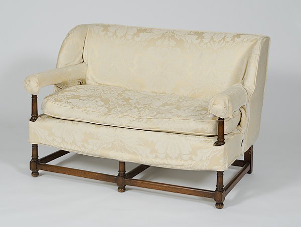 William and Mary-style Settee : William and Mary-style Settee American, a single cushioned settee having an off-white slip cover, mahogany lower stretcher; ht. 33, wd. 49, dp. 28 in.