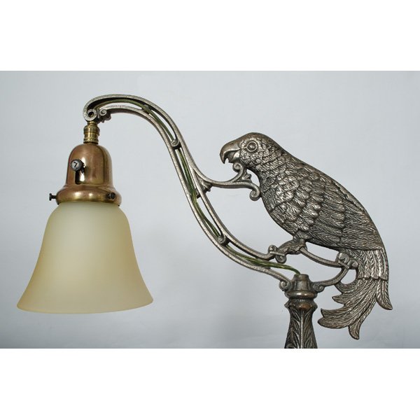 Parrot Floor Lamp : Parrot Floor Lamp 20th century, A mixed metal and marble floor lamp, having a extended arm supporting a small glass shade and adorned with a large metal owl figurine, unmarked; ht. 60.5 in.
