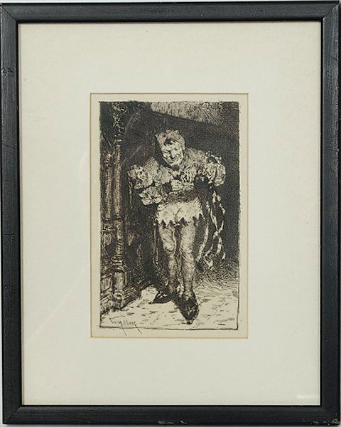 Jester Scene by William Merritt Chase, Etching on: Jester Scene by William Merritt Chase, Etching on Paper William Merritt Chase (American, 1849-1916), titled The Jester, signed in plate, l.l., with original book plate on reverse containing two page