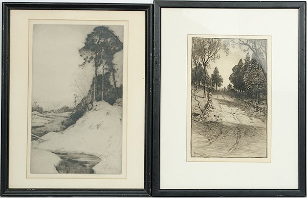 A Pair of American Etchings by Listed Artists : A Pair of American Etchings by Listed Artists First by John Mathieson (American, 1918-1940), a winter scene, etching and drypoint, signed l.r.; 9.75 x 5.75 in., second by James Smillie (1833-1909),