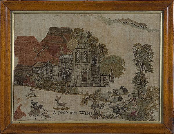 Landscape Cross Stich : Landscape Cross Stich American, 20th century, a cross stich titled A Peep into Wales; 13.5 x 18.75 in.