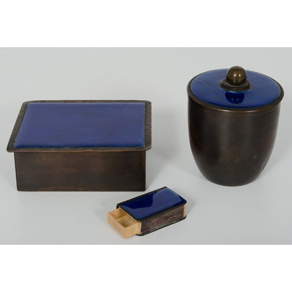 Arts & Crafts Smoking Set : Arts & Crafts Smoking Set 20th century, a three piece Arts & Crafts smoking set in hammered copper with blue enamel, including a matchbox, hinged box marked MW Handwrought, and lidded bowl marked MW