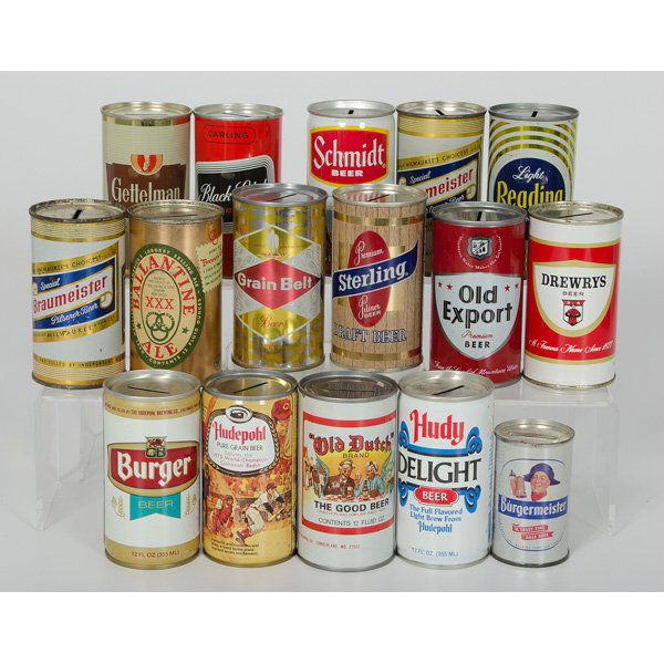 Large Lot of Beer Advertising Tin Banks : Large Lot of Beer Advertising Tin Banks Lot of sixteen beer advertising tin banks, including one Burger Beer, one Hudy Delight, one commemorative 1975 Cincinnati Reds World Champions bank by Hudepoh
