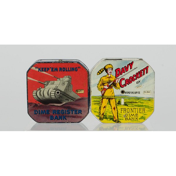 Davy Crockett and Keep 'Em Rolling Dime Banks : Davy Crockett and Keep 'Em Rolling Dime Banks Lot of two exceptional tin dime banks. Includes Keep 'Em Rollin dime bank with sliding lever on reverse side. PLUS a Davy Crockett Frontier Dime Bank, w