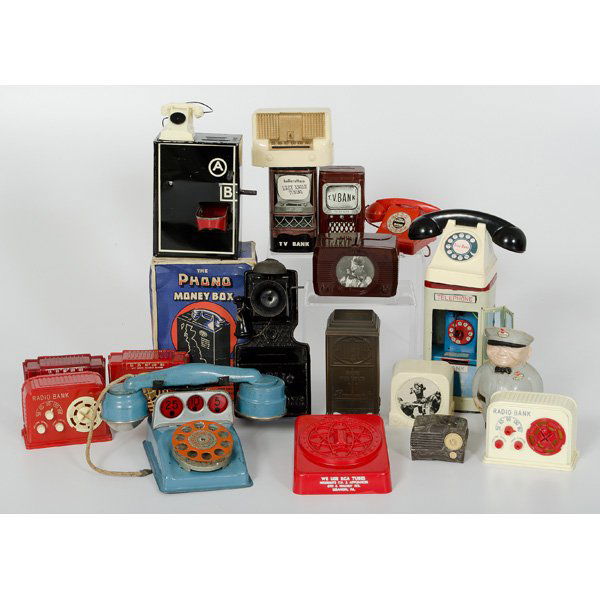 Large Lot of Radio, Telephone, and Television Bank: Large Lot of Radio, Telephone, and Television Banks Lot of nineteen includes two Ardee Product "My Own First Radio banks, an Emerson Radio bank, two different plastic radio banks, a Viz dime bank, a