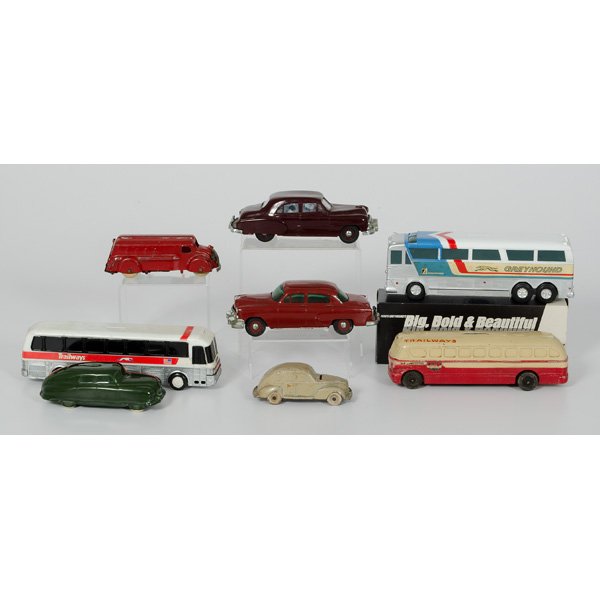 Lot of Bus and Automobile Banks : Lot of Bus and Automobile Banks Lot of seven includes one metal and one plastic Trailways bus bank, a plastic Greyhound Super 7 bank, two 1950's Chevrolet promotional banks, an All Metal bank truck,