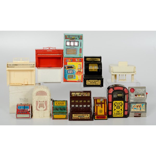 Lot of Cash Register and Juke Box Banks : Lot of Cash Register and Juke Box Banks Lot of 12 includes a tin lithographed Little Folks Cash Register, a tin lithographed Walgreen and Walgreen penny register, a tin lithographed Louis Marx & Co.