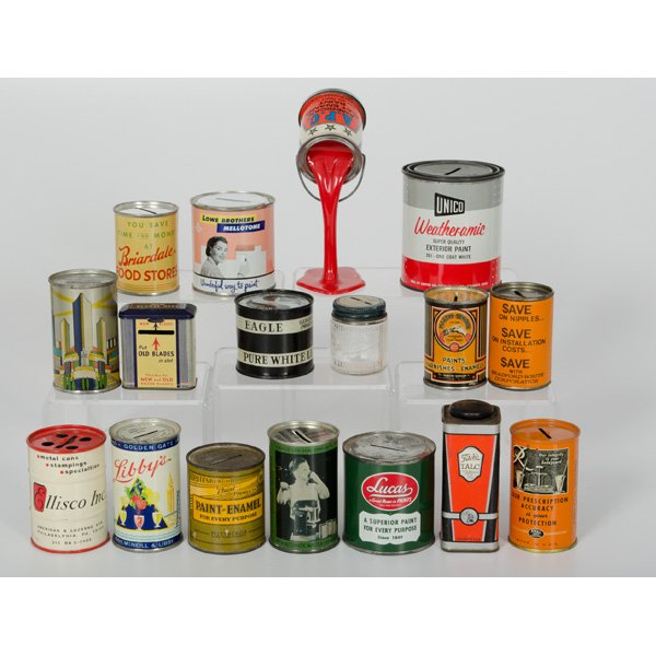 Miscellaneous Paint, Shaving and Department Store : Miscellaneous Paint, Shaving and Department Store Banks Lot of 17 tin advertising still banks from American Paint Co., Martin Senour, Lucas, Eagle-Pitcher Lead Company, Lowe brothers, Pittsburgh Pai
