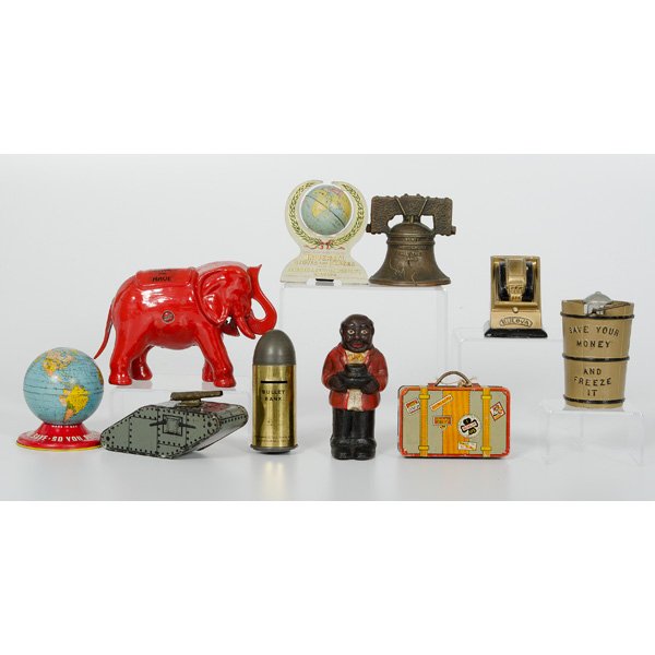 Lot of Tin and Cast Iron Banks : Lot of Tin and Cast Iron Banks Lot of ten includes a cast iron Save Your Money and Freeze it ice cream maker bank, a figural cast iron bank of a black man clutching his hat, a Bulovca promotional ba