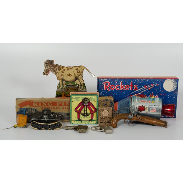 Large Lot of Miscellaneous Toys : Large Lot of Miscellaneous Toys Lot of 11 includes a tin lithographed Consul The Educated Monkey calculator in original printed and illustrated box, a cardboard and cloth prank Rado Echo Voice Teste