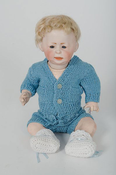 Simon Halbig Character Doll : Simon Halbig Character Doll German, ca 1911-1912, a bisque socket head baby boy character doll, composition ball jointed body, blue glass sleep eyes, open closed mouth, molded tongue, blonde mohair