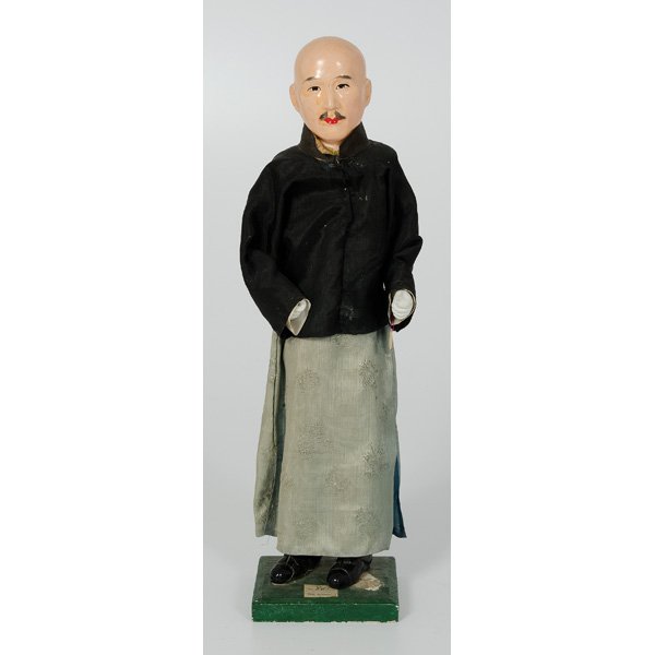 Chinese Composition Character Dolls : Chinese Composition Character Dolls China, a composition and plaster doll of Chinese man, ca early 20th century, wearing silk clothing; ht 14 in, marked "Made in China": PLUS a composition doll depi