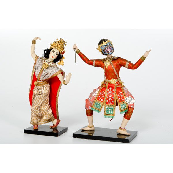 Thailand Cermony Dolls : Thailand Cermony Dolls Thailand, mid 20th century, two ceremonial dolls, a dancing girl and a monkey soldier, both in elaborate costumes; ht. 10 in.