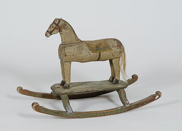 Wooden Rocking Horse : Wooden Rocking Horse Late 19th century, a carved and painted wooden horse mounted on sleigh type wood base, horse hair tail; ht.21 wd. 14, lg. 30 in.