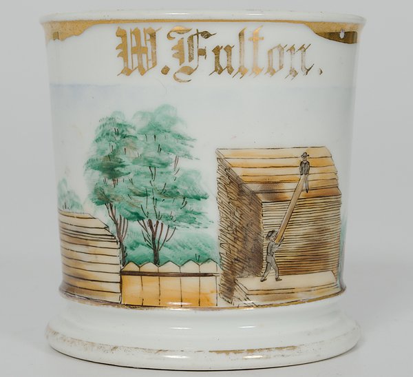 Lumber Yardman's Occupational Shaving Mug : Lumber Yardman's Occupational Shaving Mug Porcelain with polychrome painted scene of two gentlemen stacking lumber in a lumber yard. With gilt name W. Fulton. Bottom marked PHL, Limoges France, with