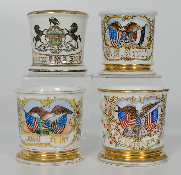 Lot of Four Patriotic Shaving Mugs : Lot of Four Patriotic Shaving Mugs Including two featuring eagle bearing two American flags and a shield. Both marked T&V Limoges France. ht. 3.5". PLUS eagle bearing American and German flags. Stam
