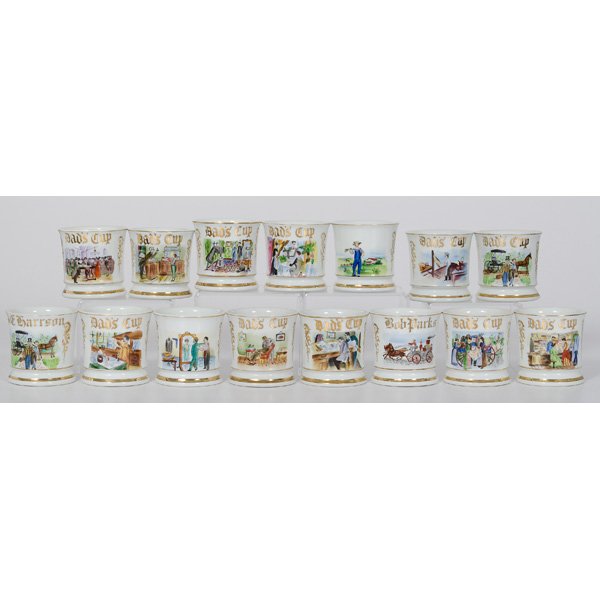 Group of Reproduction Occupational Shaving Mugs : Group of Reproduction Occupational Shaving Mugs Fifteen (15) reproduction occupationals, all 20th century and a variety of subjects. Eleven say Dad's Cup, two have names, and the other two are blank