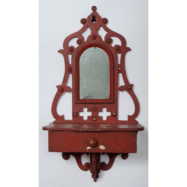Folk Art Shaving Mirror : Folk Art Shaving Mirror American. A painted, wooden red shaving mirror; lg. 23 in.