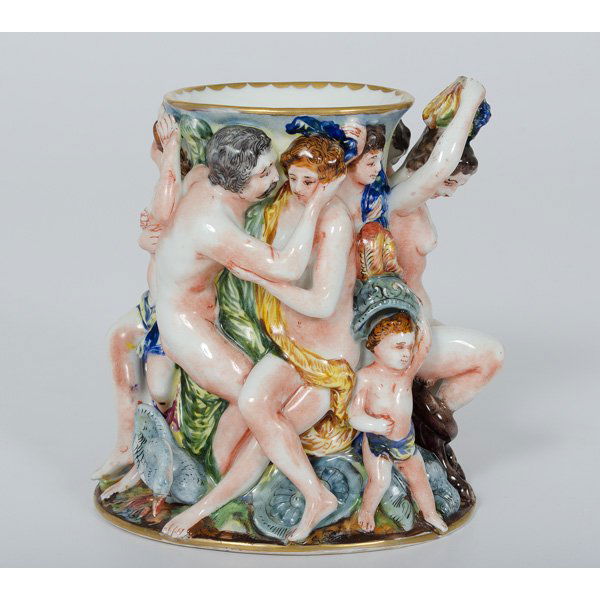 Capodimonte Vase : Capodimonte Vase Italian. A painted porcelain vase having applied nude figures and swans with the N under crown for Capodimonte on bottom; ht. 5.25 in.