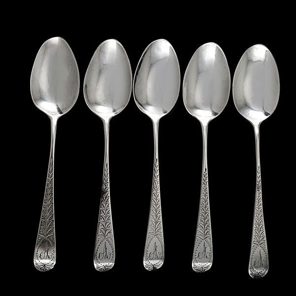 Bateman Sterling Teaspoons : Bateman Sterling Teaspoons English, ca 1814. Five sterling silver teaspoons, all with bright cut decoration and marked for London, Sterling, dated 1814, and hallmarked WB for William Bateman I; lg.