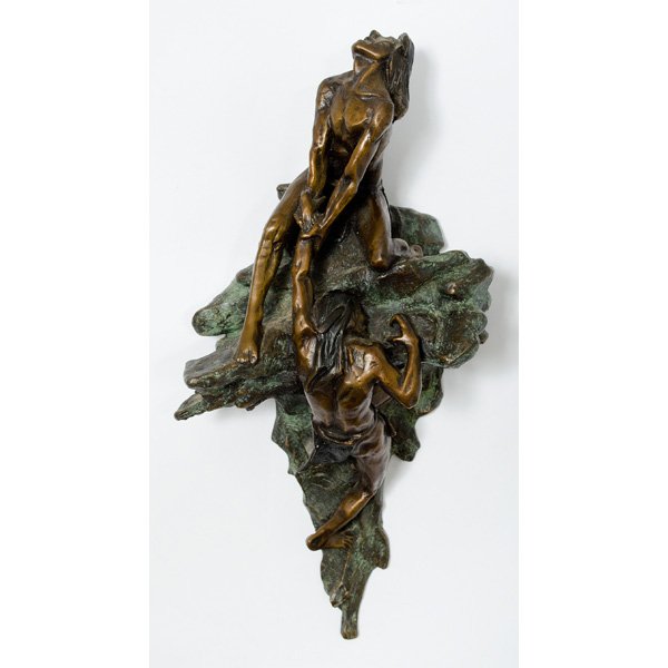 Gary Price Bronze : Gary Price Bronze A vertical hanging bronze sculpture by Gary Price, depicting a Native American pulling up a struggling companion over a ledge. Signed and numbered 23/50. Approx. 12 in. length.